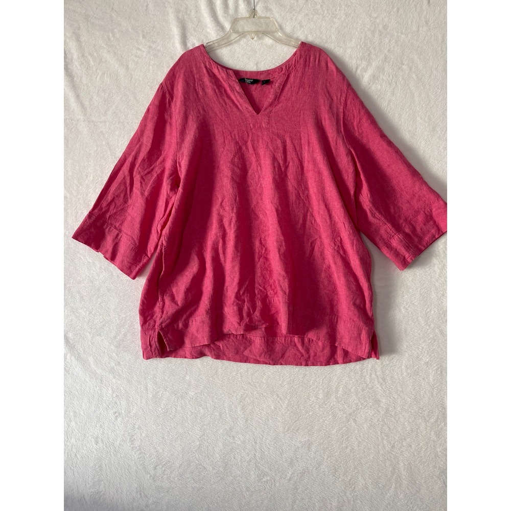 Lands End Pink Linen Blend V-Neck 3/4 Sleeve Tunic Top XXL Pockets Lagenook